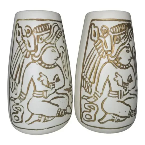 Vintage Mid-Century Mayan Aztec Native Design Vase Pair Cream Gold USA Made - Picture 12 of 16